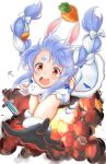  1girl animal_ear_fluff animal_ears bangs blue_hair blush braid breasts carrot_hair_ornament coat creature don-chan_(usada_pekora) explosion eyebrows_visible_through_hair food_themed_hair_ornament gloves hair_ornament highres hololive hololive_fantasy long_hair looking_at_viewer minecraft multicolored_hair open_mouth playboy_bunny rabbit rabbit_ears rabbit_girl riroi scarf solo thick_eyebrows tnt twin_braids two-tone_hair usada_pekora virtual_youtuber white_coat white_hair 