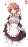  1girl ahoge alternate_costume apron artist_logo black_dress breasts commentary_request cowboy_shot dated dress enmaided frilled_apron frilled_dress frills hair_ornament highres i-58_(kantai_collection) kanon_(kurogane_knights) kantai_collection maid maid_headdress medium_breasts pink_hair red_eyes short_hair simple_background skirt_hold solo standing thigh-highs white_apron white_background white_legwear yellow_neckwear 