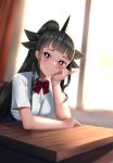  1girl artemis_of_the_blue atelier_live bangs black_eyes black_hair bow bowtie breasts bright_pupils english_commentary highres light_blush long_hair long_ponytail looking_at_viewer medium_breasts red_neckwear ryo_(ryo_artys) school_uniform shark_fin sitting smile solo virtual_youtuber white_pupils 