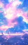  1girl black_hair capelet cat clouds cloudy_sky colorful commentary dress fantasy field from_behind grass highres light_particles original rock sakimori_(hououbds) scenery short_hair sky solo wind 