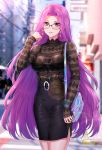  1girl absurdres bag bangs belt black_shirt black_skirt blurry blurry_background blush breasts choukoukou_no_diaosi contemporary earrings fate/stay_night fate_(series) forehead glasses highres jewelry large_breasts long_hair long_sleeves looking_at_viewer parted_bangs parted_lips purple_hair rider shirt shoulder_bag skirt smile thighs very_long_hair violet_eyes 