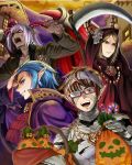  4boys ;d artist_request bag basket berwick_(grand_summoners) blue_hair brown_eyes brown_hair candy candy_cane cosplay cravat crest dark_skin dark_skinned_male demon dracula dracula_(cosplay) duke_(grand_summoners) earrings fangs food frankenstein&#039;s_monster frankenstein&#039;s_monster_(cosplay) glasses grand_summoners halloween halloween_costume horns jewelry multiple_boys mummy_costume necklace one_eye_closed open_mouth outdoors pointy_ears red-framed_eyewear red_neckwear robe smile source_request thetis_(grand_summoners) vox_(grand_summoners) 