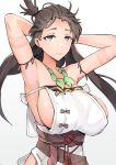  1girl absurdres armpits arms_behind_head arms_up bare_shoulders body_markings breasts brown_eyes brown_hair closed_mouth collarbone dress fate/grand_order fate_(series) highres himiko_(fate) large_breasts long_hair looking_at_viewer magatama magatama_necklace sash seino_(sasakike1305) side_slit sideboob simple_background smile topknot twintails white_background white_dress 