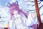  1girl animal_ears azur_lane bangs bare_tree blue_eyes blunt_bangs blush brown_sweater chinese_commentary clouds cloudy_sky coat commentary_request day earmuffs eyebrows_visible_through_hair fake_animal_ears fur-trimmed_coat fur-trimmed_sleeves fur_trim hair_ornament hair_ribbon highres long_hair long_sleeves looking_at_viewer manjuu_(azur_lane) parted_lips pom_pom_(clothes) purple_hair ribbon shenqi_(toid310) sidelocks sky sleeves_past_fingers sleeves_past_wrists snow solo standing sweater tashkent_(azur_lane) tree upper_body very_long_hair very_long_sleeves white_coat winter_clothes 