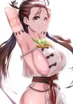  1girl armpits arms_behind_head arms_up bare_shoulders body_markings breasts brown_eyes brown_hair collarbone dress facial_mark fate/grand_order fate_(series) forehead_mark highres himiko_(fate) large_breasts long_hair looking_at_viewer magatama magatama_necklace sash shiny shiny_skin side_slit sideboob simple_background smile topknot twintails uenoryoma white_background white_dress 