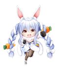  1girl :d animal_ear_fluff animal_ears bangs black_gloves black_leotard blue_hair blush bow braid brown_legwear carrot_hair_ornament chibi clenched_hand commentary_request don-chan_(usada_pekora) dress eyebrows_visible_through_hair food-themed_hair_ornament full_body fur-trimmed_dress fur-trimmed_gloves fur_trim gloves hair_between_eyes hair_bow hair_ornament highres hololive kuena leotard looking_at_viewer multicolored_hair outstretched_arm pantyhose rabbit_ears red_eyes shoes short_eyebrows simple_background smile standing standing_on_one_leg strapless strapless_dress strapless_leotard teeth thick_eyebrows twin_braids twintails two-tone_hair upper_teeth usada_pekora virtual_youtuber white_background white_bow white_dress white_footwear white_hair 