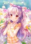  1girl ahoge animal_ear_fluff animal_ears bangs bare_arms bare_shoulders blurry blurry_background blush bow camisole cat_ears cat_girl cat_tail choker closed_mouth collarbone commentary_request depth_of_field eyebrows_visible_through_hair flower hair_between_eyes hair_ribbon hands_up holding holding_flower long_hair looking_at_viewer original pjrmhm_coa plaid pleated_skirt purple_hair purple_ribbon red_bow red_choker red_eyes ribbon skirt smile solo tail tail_bow tail_raised two_side_up very_long_hair water_drop white_flower white_skirt 