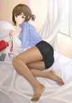  1girl absurdres ass bed blush brown_eyes brown_hair douki-chan_(yomu_(sgt_epper)) ganbare_douki-chan highres indoors looking_at_viewer name_tag no_shoes office_lady panties panties_under_pantyhose pantyhose quatthro see-through short_hair short_ponytail skirt soles solo thighs underwear 