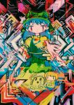  1girl abstract abstract_background bangs blue_hair colorful green_headwear haniyasushin_keiki hito_(nito563) looking_at_viewer reaching_out red_eyes smile solo touhou upper_body wily_beast_and_weakest_creature 