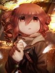 1girl belt brown_jacket brown_scarf commentary drill_hair hands_up holding holding_own_arm holding_paper jacket kasane_teto looking_up monosenbei open_mouth paper red_eyes redhead scarf short_hair solo twin_drills upper_body utau 