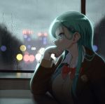  1girl aqua_eyes aqua_hair blazer blurry breasts brown_jacket cardigan commentary_request depth_of_field hair_ornament hairclip hand_on_own_chin jacket kantai_collection large_breasts long_hair maku_ro profile rain school_uniform solo suzuya_(kantai_collection) upper_body window 