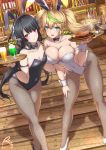  2girls alcohol animal_ears arm_grab armlet artist_name asymmetrical_docking bakuchiku bar beer beer_bottle black_hair black_legwear black_leotard blonde_hair bow bowtie braid breast_press breasts bunny_tail commentary covered_navel cup detached_collar dutch_angle elf fake_animal_ears fake_tail fishnet_legwear fishnets food green_eyes green_hair hair_ornament hair_tie high_heels highres holding holding_tray ice_cream indoors large_breasts leaning_forward leotard looking_at_viewer low_tied_hair multicolored_hair multiple_girls open_mouth pantyhose parted_lips phantasy_star phantasy_star_online_2 pizza playboy_bunny pointy_ears rabbit_ears red_eyes sidelocks signature skindentation small_breasts smile standing steak steam strapless strapless_leotard streaked_hair sundae tail tray twintails twitter_username white_footwear white_leotard wing_collar wooden_floor wrist_cuffs 