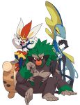  cinderace clenched_hand closed_mouth commentary_request fang gen_8_pokemon hand_up highres inteleon looking_at_viewer makoto_ikemu no_humans one_eye_closed open_mouth orange_eyes pokemon pokemon_(creature) red_eyes rillaboom tongue yellow_eyes 