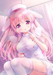  1girl animal_ears bangs breasts chiika_(cure_cherish) curtains finger_to_mouth garter_straps hat index_finger_raised indoors large_breasts long_hair nurse nurse_cap on_bed original parted_lips pink_eyes pink_hair rabbit_ears shirt sitting sitting_on_bed thigh-highs two_side_up white_legwear white_shirt 