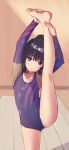  1girl absurdres athletic_leotard bangs barefoot black_hair blunt_bangs commentary_request flat_chest hair_bun head_tilt highres himenogi_rinze leotard looking_at_viewer love_r purple_leotard saisho_no_nakama short_hair solo split standing standing_on_one_leg standing_split violet_eyes 