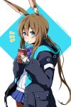  1girl amiya_(arknights) animal_ear_fluff animal_ears arknights ascot bangs bendy_straw black_jacket blue_background blue_eyes blue_skirt blush brown_hair brown_legwear commentary_request cowboy_shot cup disposable_cup drinking_straw eyebrows_visible_through_hair hair_between_eyes highres holding holding_cup hood hood_down hooded_jacket jacket jewelry long_hair long_sleeves looking_at_viewer low_ponytail notice_lines open_clothes open_jacket panikuru_yuuto pantyhose pleated_skirt ponytail puffy_long_sleeves puffy_sleeves purple_neckwear rabbit_ears ring shirt skirt sleeves_past_wrists solo standing twitter_username two-tone_background very_long_hair white_background white_shirt 
