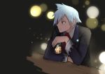  1boy bangs black_jacket blue_hair closed_mouth collared_shirt commentary_request cup holding holding_cup jacket jewelry long_sleeves male_focus melon_syrup pokemon pokemon_(game) pokemon_oras red_neckwear ring shirt solo spiky_hair steven_stone white_shirt 