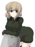  1girl absurdres aikir_(jml5160) blonde_hair blue_eyes breasts brown_gloves dutch_angle girls_und_panzer gloves highres katyusha_(girls_und_panzer) leaning_forward leaning_on_object looking_at_viewer medium_breasts older pravda_military_uniform skindentation solo white_background wide-eyed 