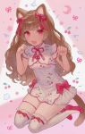  1girl :3 :d animal_ears bangs bare_arms bow brown_hair cat_ears cat_girl cat_tail cherry_print commentary_request dress eyebrows_visible_through_hair eyelashes fang fingernails flats food_print full_body hair_bow hands_up highres lace-trimmed_legwear lace_trim looking_at_viewer maomao_(marblecreators) marblecreators miyako_(xxxbibit) nail_polish neck_ribbon open_mouth paw_pose pink_background pink_bow pink_eyes pink_footwear pink_nails pink_ribbon pink_theme print_dress ribbon shiny shiny_hair shoes short_dress simple_background sitting sleeveless sleeveless_dress smile solo swept_bangs tail thigh-highs thigh_strap two-tone_background virtual_youtuber wavy_hair white_background white_dress white_legwear 