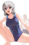  1boy 1girl a1 alternate_hairstyle bangs blue_eyes blue_swimsuit breasts closed_eyes collarbone competition_swimsuit eyebrows_visible_through_hair fang grey_hair hair_between_eyes hand_on_own_thigh large_breasts old_man one-piece_swimsuit open_mouth short_hair shorts simple_background skin_fang smile solo standing stretch swimsuit tank_top thighs uzaki-chan_wa_asobitai! uzaki_hana wet white_background white_hair white_tank_top 