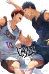  2boys aomine_daiki arm_up basketball_jersey basketball_uniform blue_eyes blue_hair from_below grin highres kagami_taiga kuroko_no_basuke looking_at_another multiple_boys open_mouth red_eyes redhead short_hair shorts smile spiky_hair sportswear tank_top zawar379 