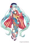  1girl aqua_eyes aqua_hair blue_kimono bow finger_to_mouth floral_print flower furisode gloves gomano_rio hair_flower hair_ornament hatsune_miku highres japanese_clothes kimono long_hair looking_at_viewer obi red_sash sash simple_background smile solo tabi twintails very_long_hair vocaloid white_background white_gloves 