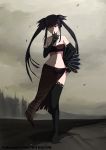  1girl black_gloves black_hair black_legwear closed_mouth clouds cloudy_sky fan finger_to_mouth full_body glass_(tate_no_yuusha_no_nariagari) gloves highres midriff navel red_eyes shadow shushing sky solo standing stefv tate_no_yuusha_no_nariagari twintails 