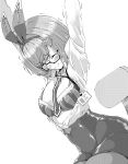  1girl arms_up ash_arms b-kyuu_ocha bangs between_breasts bf_109_e4_(ash_arms) bob_cut bra breasts bursting_breasts chair closed_mouth commentary cross cross_necklace dress_shirt dutch_angle glasses greyscale hair_ornament hair_ribbon halftone high-waist_skirt highres id_card jewelry lanyard long_sleeves medium_breasts miniskirt monochrome necklace necktie office_chair office_lady pantyhose partially_unbuttoned pencil_skirt ribbon semi-rimless_eyewear shirt short_hair sitting skirt smile solo stretch striped striped_bra trembling under-rim_eyewear underwear wardrobe_malfunction wing_collar 