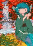  1girl abstract_background bangs drill_hair eyebrows_visible_through_hair frilled_kimono frills green_kimono head_fins hito_(nito563) holding japanese_clothes kimono long_sleeves mermaid monster_girl obi sash sitting solo touhou wakasagihime wide_sleeves 