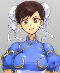  1girl blue_dress breasts brown_eyes brown_hair bun_cover china_dress chinese_clothes chun-li double_bun dress earrings jewelry looking_at_viewer short_hair simple_background solo street_fighter street_fighter_ii_(series) yuusuke_(5yusuke3) 