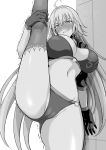  ass bikini blush breasts cropped_jacket fate/grand_order fate_(series) gloves greyscale highres ijima_yuu jeanne_d&#039;arc_(alter)_(fate) jeanne_d&#039;arc_(alter_swimsuit_berserker) jeanne_d&#039;arc_(fate)_(all) large_breasts midriff monochrome navel panties split standing standing_on_one_leg standing_split swimsuit thick_thighs thigh-highs thighs trembling underwear white_hair 