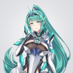  1girl bangs breasts chest_jewel earrings gloves green_eyes green_hair grey_background hand_on_own_chest highres jewelry large_breasts long_hair long_ponytail looking_at_viewer pneuma_(xenoblade) ponytail sarasadou_dan simple_background solo swept_bangs tiara upper_body very_long_hair xenoblade_chronicles_(series) xenoblade_chronicles_2 