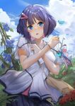  1girl absurdres bag blue_eyes bug butterfly clouds contrapposto cowboy_shot day handbag highres mizo original outdoors pleated_skirt purple_hair short_hair skirt sky solo tagme x_arms 