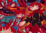  1girl abstract abstract_background black_shirt blue_bow bow capelet colorful disembodied_head eye_beam floating_head hair_bow hito_(nito563) long_sleeves multiple_heads no_mouth no_nose red_capelet red_eyes red_skirt redhead ribbon_trim sekibanki shirt short_hair skirt smile solo touhou 