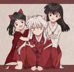  1boy 2girls absurdres animal_ears bead_necklace beads bow brown_eyes cape hair_bow han&#039;you_no_yashahime highres higurashi_kagome inuyasha inuyasha_(character) jewelry llatteowo long_hair moroha multiple_girls necklace parent_and_child short_hair silver_hair toeless_legwear wolf_ears yellow_eyes younger 