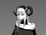  1girl blue_eyes closed_mouth curled_horns gogalking grey_background highres horn_ornament horns looking_at_viewer original sheep_girl_(gogalking) sheep_horns simple_background sketch smile solo upper_body 