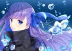  1girl air_bubble bangs blue_eyes blue_ribbon bubble commentary_request eyebrows_visible_through_hair face fate/grand_order fate_(series) floating_hair hair_ribbon highres long_hair looking_at_viewer meltryllis purple_hair ribbon smile solo teeth tks-nb_(iorin-rinn) underwater 
