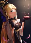  1girl absurdres artoria_pendragon_(all) artoria_pendragon_(caster) black_dress blonde_hair blue_bow blush boo_iro bow breasts dress eyebrows_visible_through_hair fate/grand_order fate_(series) flower green_eyes hair_bow highres holding holding_flower holding_staff long_hair looking_at_viewer medium_breasts petals smile solo staff white_sleeves 