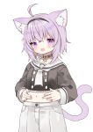  1girl :3 :d ahoge animal_ear_fluff animal_ears blush cat_ears cat_tail collar cowboy_shot fang hairband hands_on_own_stomach hololive long_sleeves maitou midriff navel nekomata_okayu open_mouth pants purple_hair sailor_collar short_hair simple_background smile solo tail violet_eyes white_background 