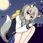  1girl :o animal animal_ear_fluff animal_ears aoba_moca bang_dream! bangs bat black_jacket blue_skirt blush commentary eyebrows_visible_through_hair full_moon fur_collar green_eyes grey_hair hair_between_eyes jacket kemonomimi_mode long_sleeves looking_at_viewer moon parted_lips pleated_skirt silhouette skirt sleeves_past_wrists solo sonosakiburi squatting star_(symbol) tail tail_raised v 