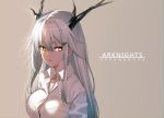  1girl arknights bishi_(bishi) breasts commentary_request copyright_name grey_background highres horns hypergryph_(arknights) large_breasts long_hair personification shirt silver_hair simple_background solo upper_body white_shirt wing_collar yellow_eyes 
