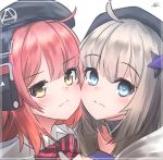  2girls aa-12_(girls_frontline) absurdres ahoge bangs beret blue_eyes blunt_bangs blush cheek-to-cheek eyebrows_visible_through_hair girls_frontline grey_hair hat highres hiromaster_sinta_jh huge_filesize looking_at_viewer medium_hair mp7_(girls_frontline) multiple_girls redhead sidelocks yellow_eyes 