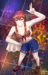  1girl belt bikini blue_eyes blue_shorts breasts closed_mouth daishuquee fireworks fourth_of_july highres long_hair looking_at_viewer makise_kurisu midriff navel red_bikini red_footwear redhead shorts small_breasts smile solo standing steins;gate swimsuit 