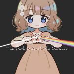  1girl artist_request bangs black_background blue_eyes brown_hair commentary_request flower hair_flower hair_ornament idolmaster idolmaster_million_live! light_rays medium_hair parody rainbow short_hair solo suou_momoko triangle 