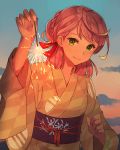  1girl akashi_(kantai_collection) braid checkered checkered_kimono clouds day fireworks gradient_sky green_eyes green_kimono hair_ribbon japanese_clothes kantai_collection kasumi_(skchkko) kimono leaning_forward long_hair looking_at_viewer official_alternate_costume outdoors pink_hair ribbon sky solo sparkler sunset tied_hair tress_ribbon upper_body yukata 