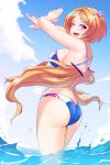  1girl 2ndeminence absurdres aki_rosenthal artist_name ass bangs bikini blonde_hair blue_bikini bob_cut breasts dancing day detached_hair from_side headgear highres hololive large_breasts long_hair looking_at_viewer looking_back low_twintails ocean open_mouth outdoors parted_bangs short_hair sky smile solo swimsuit twintails violet_eyes virtual_youtuber water_drop 