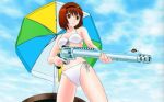  1girl absurdres bangs bikini blue_sky breasts brown_eyes brown_hair closed_mouth clouds cloudy_sky day gun headband highres holding holding_gun holding_weapon looking_at_viewer medium_breasts original short_hair sky solo standing swimsuit table trigger_discipline umbrella weapon white_bikini yamauchi_noriyasu 