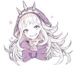  1girl bluuue bow cagliostro_(granblue_fantasy) cropped_shoulders granblue_fantasy grin hood long_hair monochrome portrait smile white_background 