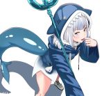  1girl animal_hood bangs blue_eyes blue_hair blue_hoodie blunt_bangs breasts eyebrows_visible_through_hair gawr_gura highres hololive hololive_english hood horizontal_pupils looking_at_viewer medium_hair multicolored_hair neneneaoao open_mouth polearm shark shark_costume shark_girl shark_hood shark_tail sharp_teeth silver_hair small_breasts solo tail teeth trident virtual_youtuber weapon white_background white_hair 