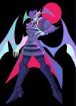  1boy black_background blade blue_skin closed_mouth coat denaseey fingernails head_wings highres jedah_dohma long_fingernails male_focus purple_coat red_eyes sharp_fingernails simple_background solo standing vampire_(game) wings 